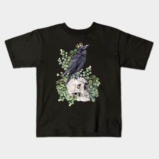 Gothic black raven with skull and crow, skeleton eucaliptus leaves Kids T-Shirt